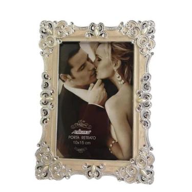 Imagem de Porta Retrato Estilo Madrepérola Prata Com Pedras Para Fotos 10x15cm -
