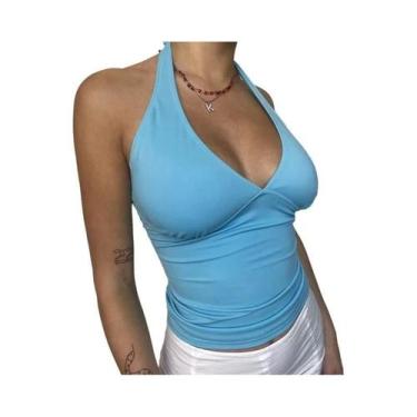 Imagem de Camiseta Feminina Rosa Halter Decote V Sem Costas Estilo Corpete Justo