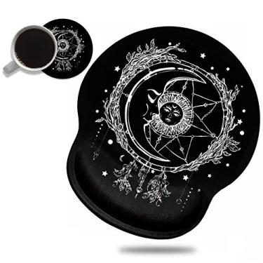 Imagem de Suporte de pulso ergonômico e porta-copos de café bonito, tema celestial sol com design de lua crescente descanso de pulso mousepad, tapetes de mouse de pulso de alívio da dor para computador portátil escritório em casa