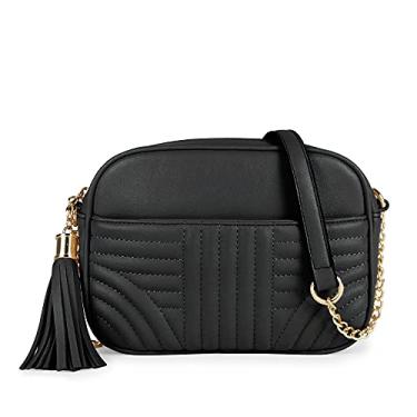 Imagem de EVVE Bolsa tiracolo acolchoada para mulheres – Bolsa elegante para câmera com borla – Bolsa de ombro leve de tamanho médio, Preto, One Size