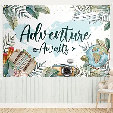 Imagem de NA Adventure Awaits Pano de Fundo Banner Decoração Branca - Bon Voyage Tema de Viagem Decorações de Festa para Artigos de Chá de Bebê