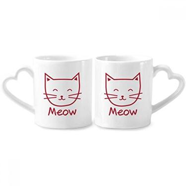 Imagem de Cat Mewing Conjunto de canecas de porcelana simples de proteger para casais, copo de cerâmica para amantes e coração