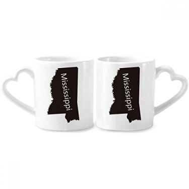 Imagem de Conjunto de canecas de porcelana para casais, contorno do mapa dos EUA, Mississippi, coração
