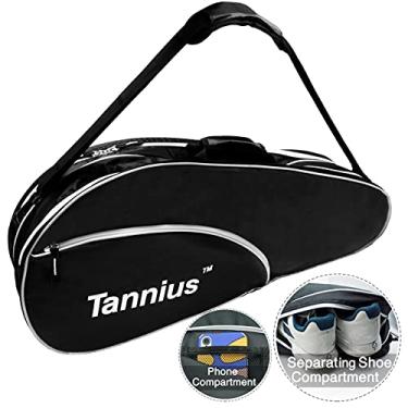 Imagem de Tannius Bolsa de tênis de raquete 3-5, com compartimento para sapatos e telefone e almofada protetora, bolsa de raquete superespaçosa e leve para tênis, badminton (preto)