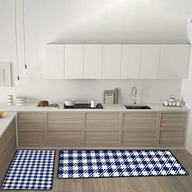Imagem de Tapetes de cozinha xadrez azul branco xadrez antiderrapante conjunto de 2 tapetes de cozinha, tapete confortável antifadiga para sala de jantar, lavanderia, escritório