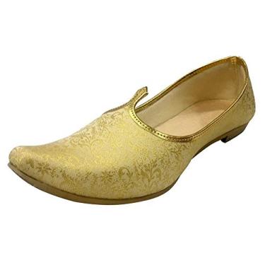Imagem de Back Open Punjabi Jutti Calçado masculino tradicional étnico indiano, confortável e elegante, sem cadarço para casamentos e uso casual, Ouro creme, 43
