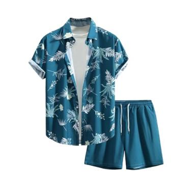 Imagem de MakeMeChic Conjunto masculino casual de 2 peças, camisa e shorts de manga curta com lapela e gola de lapela, Azul-petróleo, 3G
