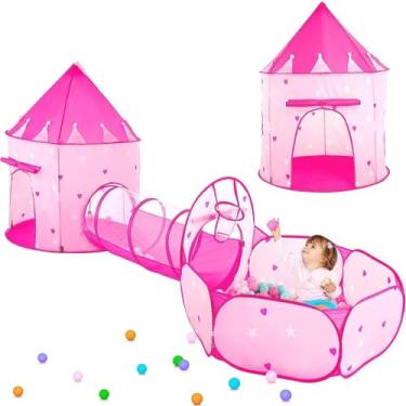 Imagem de Barraca Infantil Estrela Rosa, Cabana Menina e Menino, Casinha 3 em 1 Com Toca Túnel e Cesta Basquete para Uso Interno e Ar Livre (Coração Rosa)