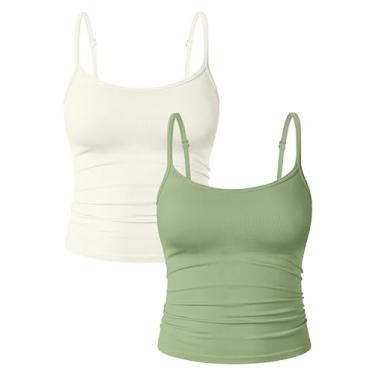 Imagem de OQQ Camisetas femininas básicas de 2 peças franzidas ajustáveis com tiras finas elásticas, Verde ervilha, bege, GG