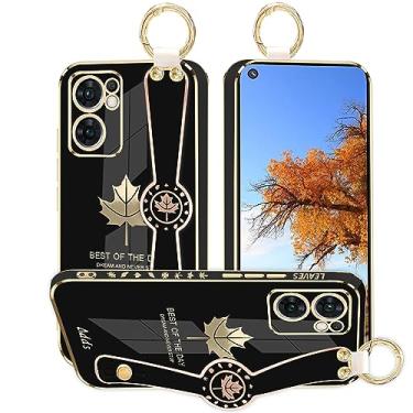 Imagem de Kainevy Capa de telefone para Oppo Reno 7 5G capa estética de silicone à prova de choque para mulheres capa protetora Oppo Reno 7 5G capa fina com anel de pulso design padrão folha de bordo (preto)