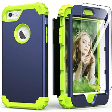 Imagem de IDweel Capa para iPhone 6S, capa para iPhone 6 com protetor de tela de vidro temperado, absorção de choque 3 em 1, capa protetora de corpo inteiro de silicone macio para meninas, azul marinho/verde grama