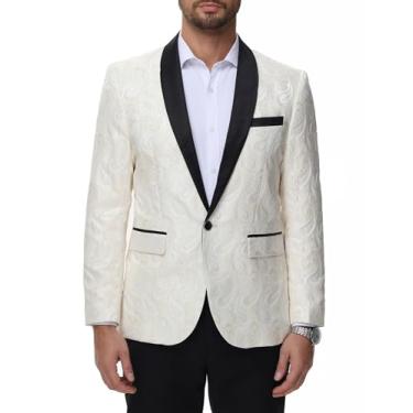 Imagem de EliteSpirit Jaqueta masculina de smoking, xale, lapela, paisley, blazer de um botão, blazer floral para casamento, jantar, festa, formatura, Branco, XX-Large