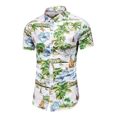 Imagem de YTD Camisa masculina havaiana manga curta estampada abotoada verão praia camisas sociais, Branco, XXG