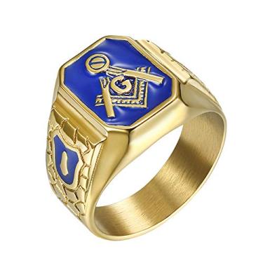 Imagem de IFUAQZ Anel maçônico masculino de aço inoxidável banhado a ouro com símbolo maçônico azul G Lodge Master Mason Signet Biker Band, Ouro, banhado a ouro, metal, aço inoxidável