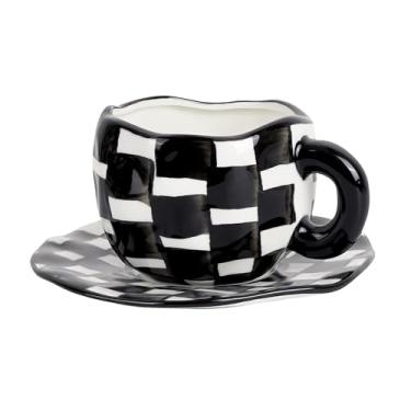 Imagem de Philo Fun - Xícara de Chá Xadrez Preto e Branco de Cerâmica, 200 ml, Conjunto de Pires