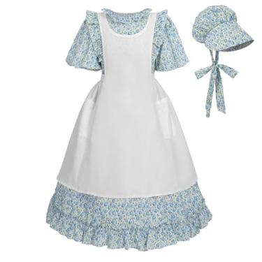 Imagem de LTAKK Fantasia colonial da Pioneer Dress Girls com avental e gorro, Amarelo, azul, G