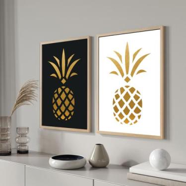 Imagem de Conjunto com 2 quadros Abacaxi Dourado Cozinha - Ruart, MOLDURA MADEIR