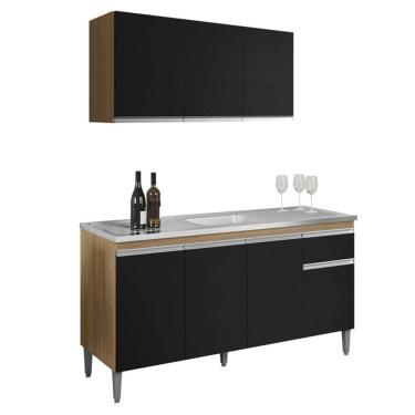 Imagem de Balcão de Pia Tatiane 145 cm e Armário Aéreo Andreia 3 Portas 120 cm Amêndoa Preto - AJL