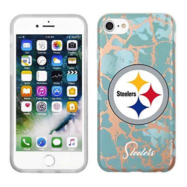 Imagem de Prime Brands Group Capa de celular para Apple iPhone 8/7/6S licenciada pela NFL Pittsburgh Steelers, mármore azul-petróleo e ouro rosa