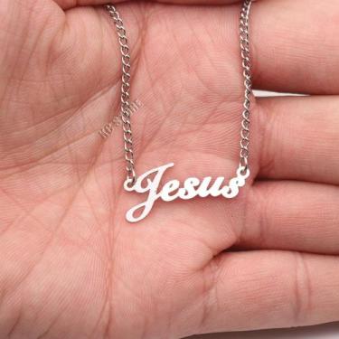 Imagem de COLAR CORRENTE FEMININO Prata FOLHEADO A OURO ESCRITO JESUS BOA QUALID