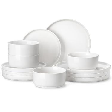 Imagem de MALACASA Conjunto de louça de porcelana com 12 peças, conjunto de pratos brancos modernos para 4, conjuntos de pratos e tigelas premium, conjuntos de louça resistentes a lascas e arranhões, conjunto