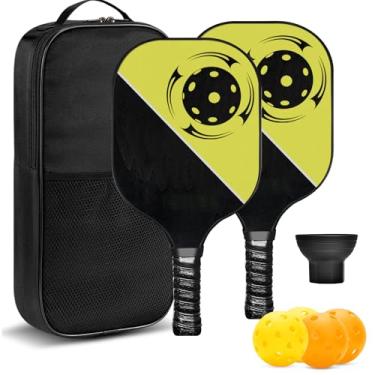 Imagem de Conjunto de 2 pás de pickleball de fibra de carbono inclui 4 bolas, 2 apanhadores de bolas, 1 bolsa de bola, melhores presentes para equipamentos de pickleball júnior e profissional (amarelo)