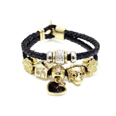 Imagem de Pulseira 2 Tiras Couro Preta Feminina Berloques Pet Dog Gato - GRANADO