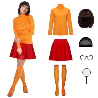 Imagem de LINKOM Fantasia feminina Velma laranja gola rolê top vermelho peruca bob óculos lupa e meias fantasia terno Halloween (2GG)