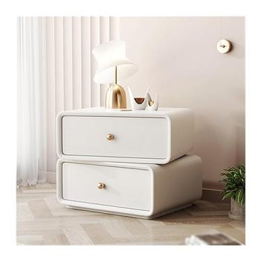 Imagem de Mesa de cabeceira totalmente de madeira, gavetas duplas giratórias, mesa de cabeceira, moderna, simples, cor sólida, móveis de cabeceira de quarto, moldura de cabeceira de canto redondo (branco, G)