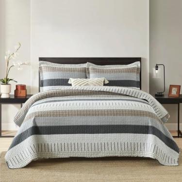 Imagem de Conjunto de colcha queen 100% algodão, colcha queen de patchwork, colcha listrada de fazenda, edredom leve reversível, branco/marrom/cinza/preto todas as estações, 3 peças