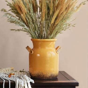 Imagem de Quoowiit Vaso rústico de cerâmica, vasos de flores decorativos envelhecidos para decoração de casa, decoração de prateleira ideal, vaso boho amarelo para sala de estar, quarto, cozinha, escritório