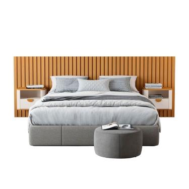 Imagem de Cabeceira Ripada Queen com 2 Mesas de Cabeceira Curva Buriti OffWhite/Marrom