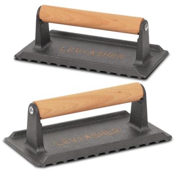 Imagem de LEVIASHER 2 peças de prensa de hambúrguer retangular de ferro fundido com cabo de madeira, prensa de grelha resistente para bife, carne, paninis, sanduíches, bacon e legumes (conjunto com 2)