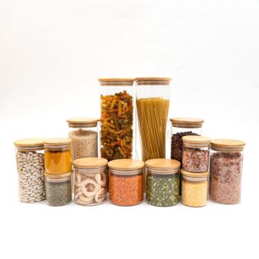 Imagem de kit com 13 potes de vidro tampa de bambu herméticos redondos mantimento - Oikos
