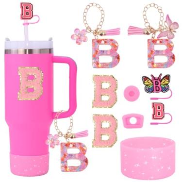 Imagem de Liangang Conjunto de acessórios de copo rosa Stanley Cup 9 peças compatível com copos de 850 g e 1,134 g, inclui capa de palha, bota, tampa à prova de derramamento, 2 peças de berloque e adesivos