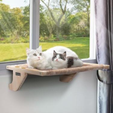 Imagem de Petsfit Poleiro de Janela para Gatos, Assento de Janela de Rede para Gatos com Suporte de Madeira Maciça, Estrutura de Metal E 2 Almofadas Removíveis, Cama de Gato Fácil de Ajustar E Montar para Peito
