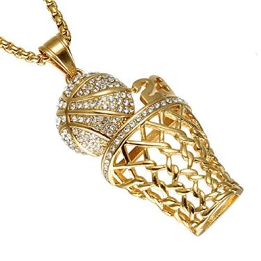 Imagem de SINLEO Corrente masculina de aço inoxidável com pingente de aro de basquete Hiphop Iced Out Diamond, Aço inoxidável, Sem Pedra Preciosa