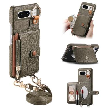 Imagem de Capa de telefone tipo carteira transversal removível durável para Google Pixel 8A, bolsa com zíper, suporte de anel, espelho integrado, compartimento para cartão, suporte multiângulo em elegante capa