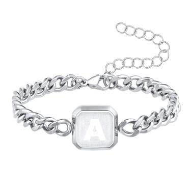 Imagem de Pulseira inicial ouro/prata/preto Squre A-Z Letra cubana corrente de elos masculinos tamanho ajustável aço inoxidável joias presentes para marido pai irmão filho, A, Aço inoxidável, Sem Pedra Preciosa