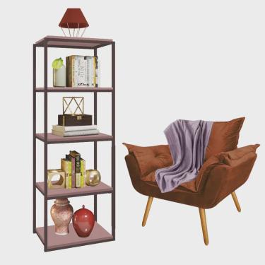 Imagem de Kit Poltrona Fatte com Manta Soft Lilás e Estante Livreiro Ferro Marrom mdf Rose Suede Terracota - Ahazzo Móveis