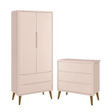 Imagem de Jogo de Quarto Infantil Theo Retrô Guarda Roupa 2 Portas e Cômoda com Pés Amadeirado - Reller Móveis Rosa Fosco