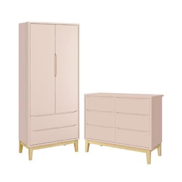 Imagem de Jogo de Quarto Infantil Classic Guarda Roupa 2 Portas e Cômoda 6 Gavetas com Pés Madeira Natural - Reller Móveis Rosa Fosco