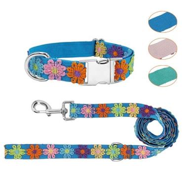 Imagem de GINIDEAR Conjunto de coleira e guia para cães meninas com flores de renda bordadas fofas para caminhadas diárias ao ar livre, ajustável para cães pequenos médios e grandes. Azul, G