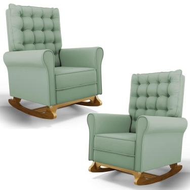 Imagem de Kit 02 Poltronas De Amamentação Base Madeira Balanço Brenda G05 Veludo Verde - Mpozenato