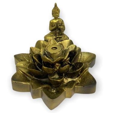 Imagem de Incensário cascata Flor de Lotus Buda dourado 7 cm em resina - Lua Mís