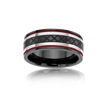 Imagem de Metro Jewelry Anel texturizado masculino em aço inoxidável com revestimento iônico preto e resina vermelha - 8,5 mm de largura - Tamanho 8 a 12, Metal Resina, Sem pedra preciosa