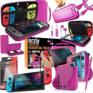 Imagem de Pacote de acessórios para interruptor Orzly – Inclui estojo de transporte Orzly para console Nintendo Switch, protetores de tela de vidro temperado, cabo de carregamento USB, capa para interruptores de jogos, capa de aderência confortável e fones de ouvido, rosa