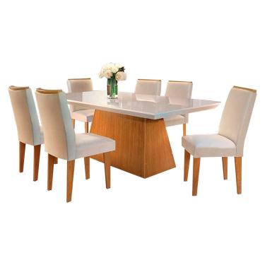 Imagem de Conjunto: Mesa Sala Jantar Luna c/ Tampo Madeirado c/ Vidro Canto Reto 180cm + 6 Cadeiras Lunara Imbuia/Veludo Creme - Rufato