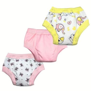 Imagem de Kit 3 Calcinha Treinamento Desfralde Bebê Laço/Elefante/Rosa reutilizável lavável Diurno Noturno treinamento transição fralda bebê (P)