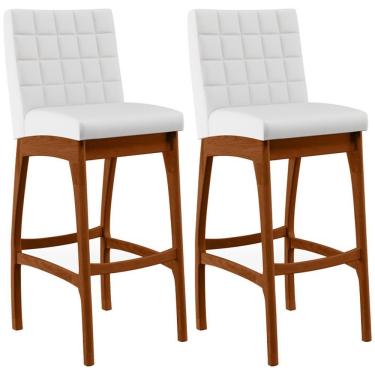 Imagem de Kit 02 Banquetas Altas para Cozinha Mila B04 Plástico Assento Estofado Base Fixa Encosto Branco Fosco